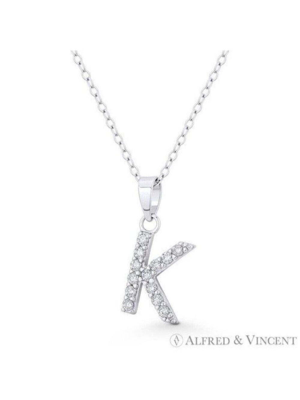 Initial "K" CZ Crystal Pendant w/ Cable Chain Necklace in .925 Sterling Silver